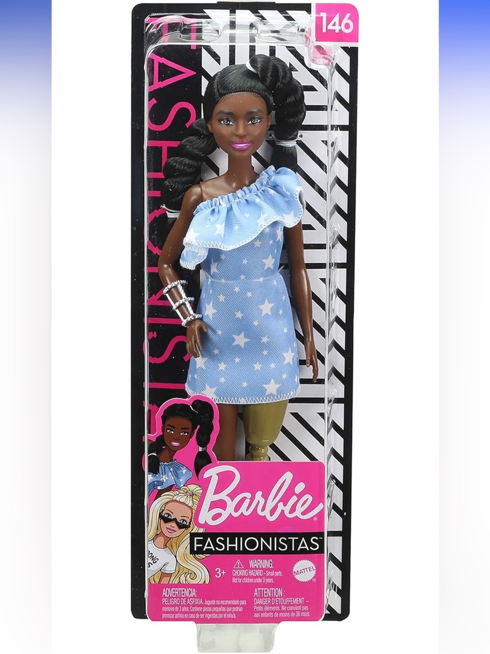Barbie Fashionista #146 Blue One-Shoulder Star Print Dress Doll